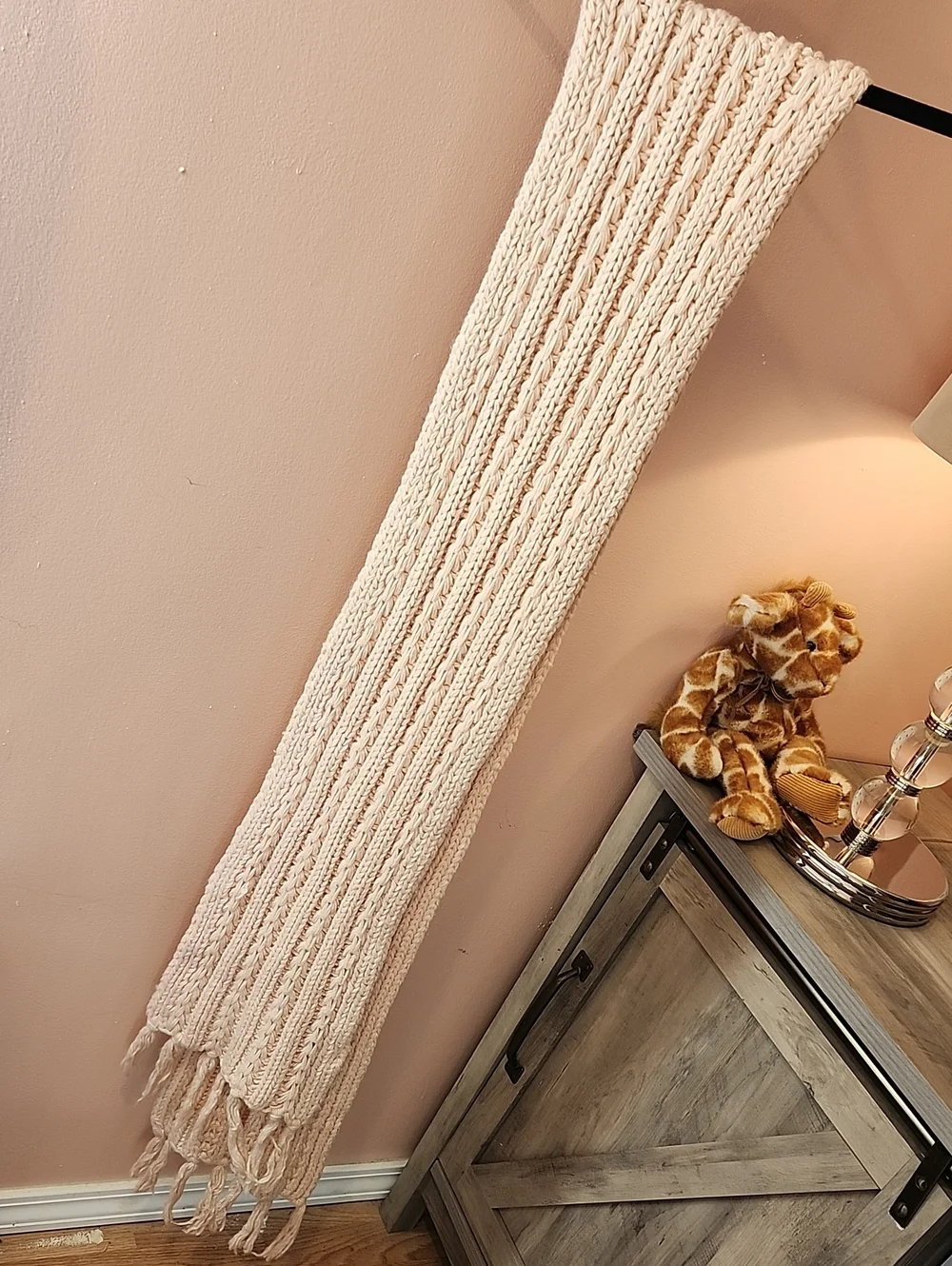 Chunky Light Pink Knit Fringe Scarf